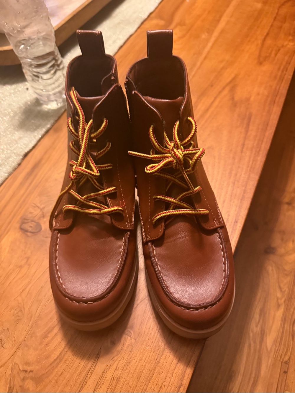 Cat & Jack Brown Kids Lace-Up Leather Boots with Yellow Accent Laces